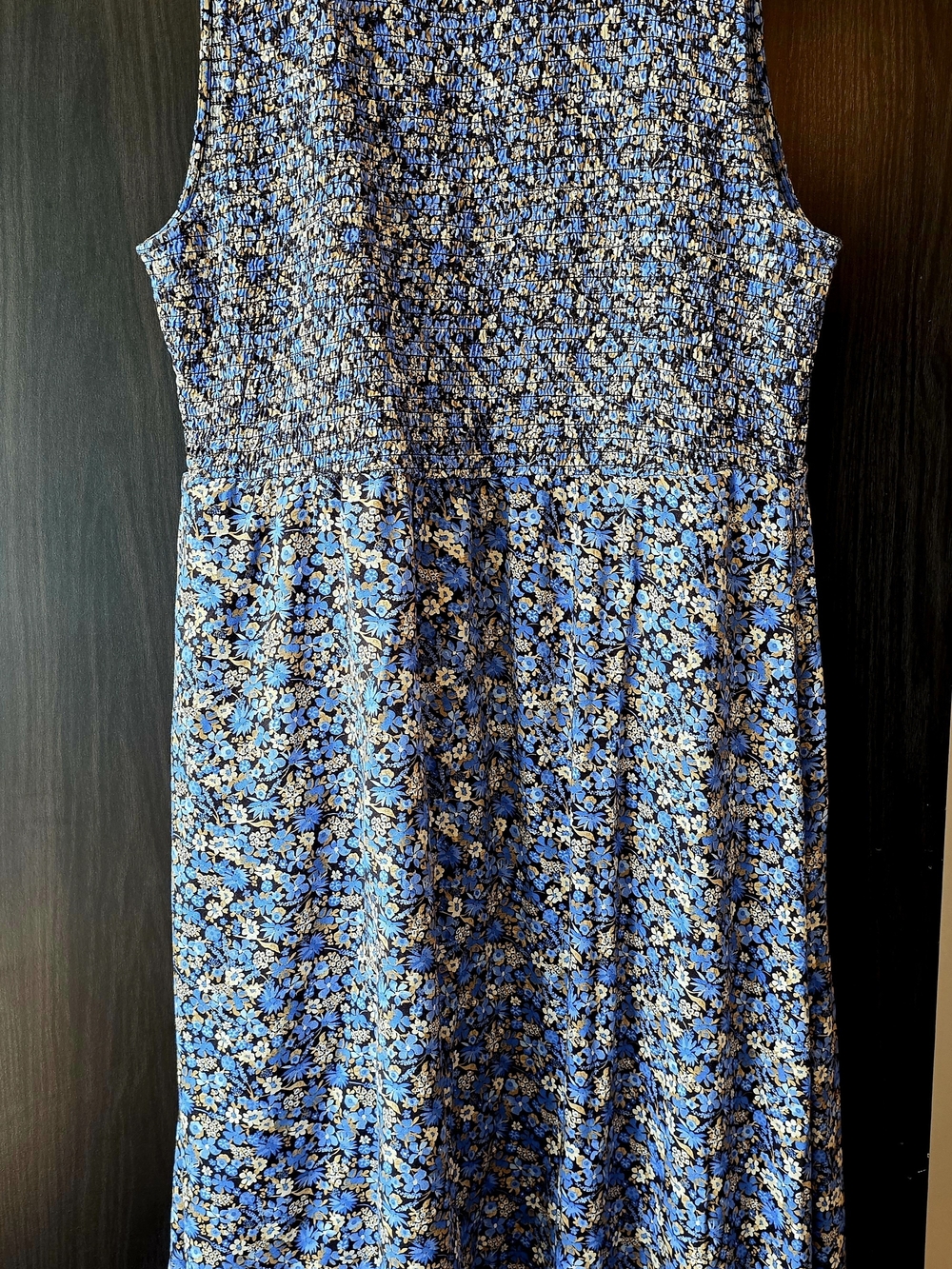 Nautica Blue and White Floral Maxi Dress with Smocked Bodice